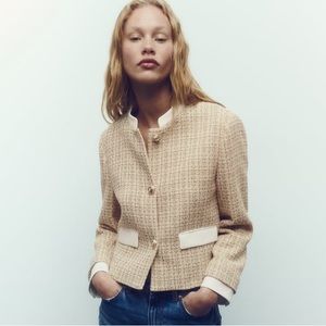 Zara Textured Yellow Tweed Jacket with Cuffs